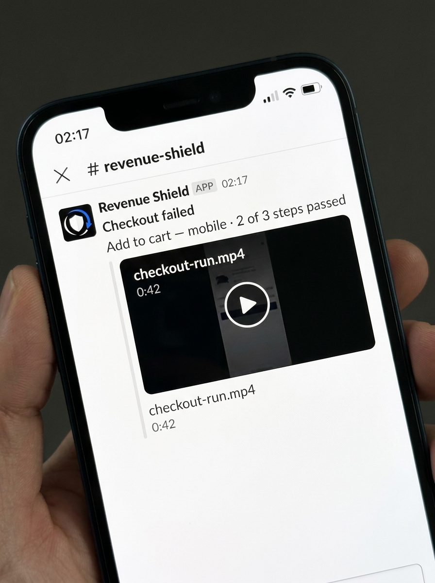 A Revenue Shield checkout failure alert arriving in Slack on a phone at 02:17, naming the failing step and attaching the recording