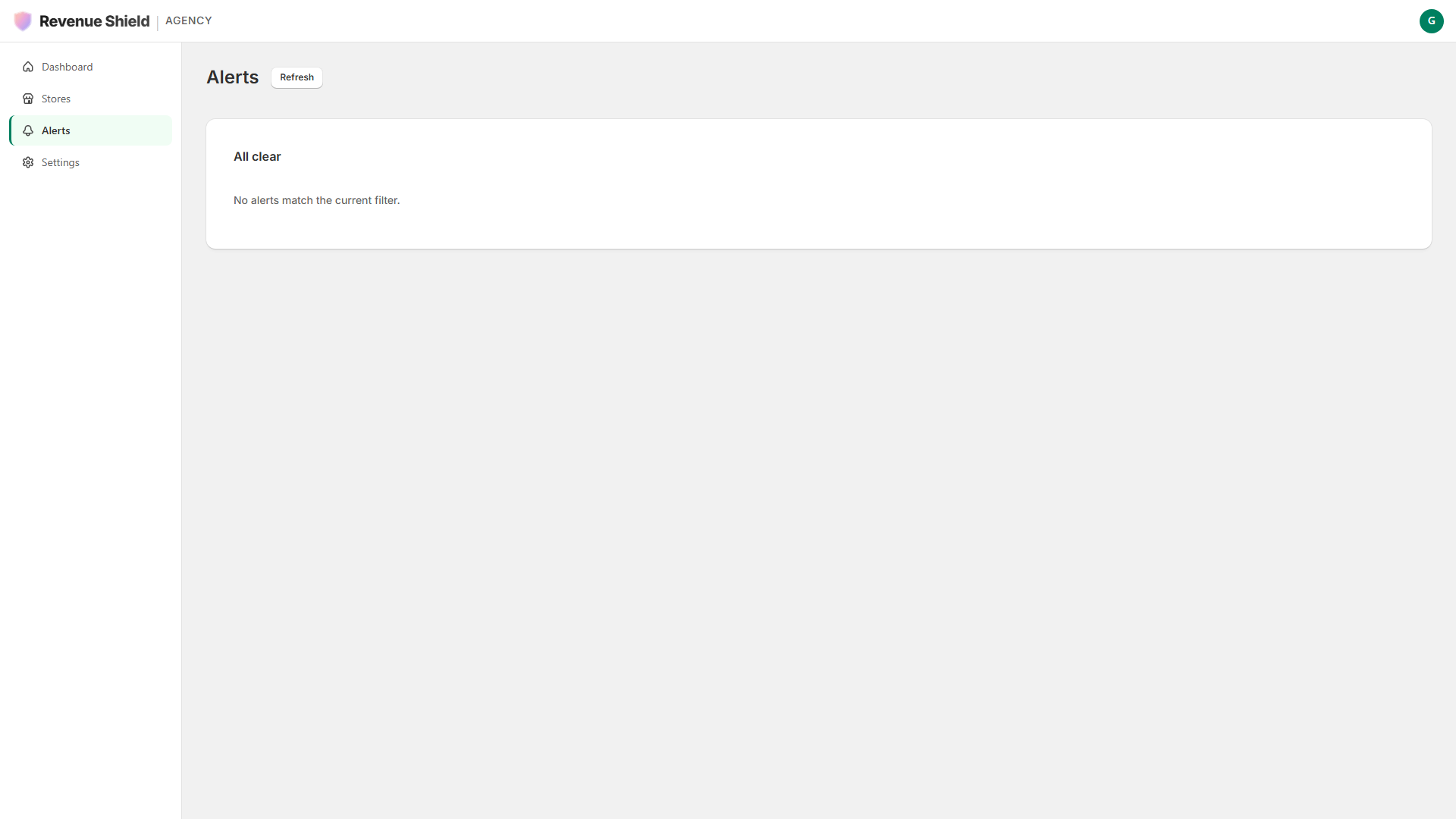 Revenue Shield Agency Portal alerts view consolidating checkout failure notifications across the portfolio with filters for store, severity, and time range