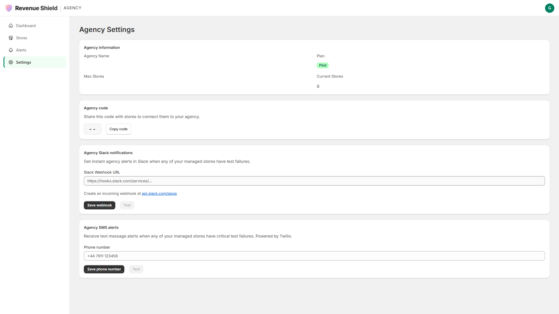 Revenue Shield Agency Portal settings configuring agency-wide Slack webhooks and SMS notification channels with a built-in delivery test