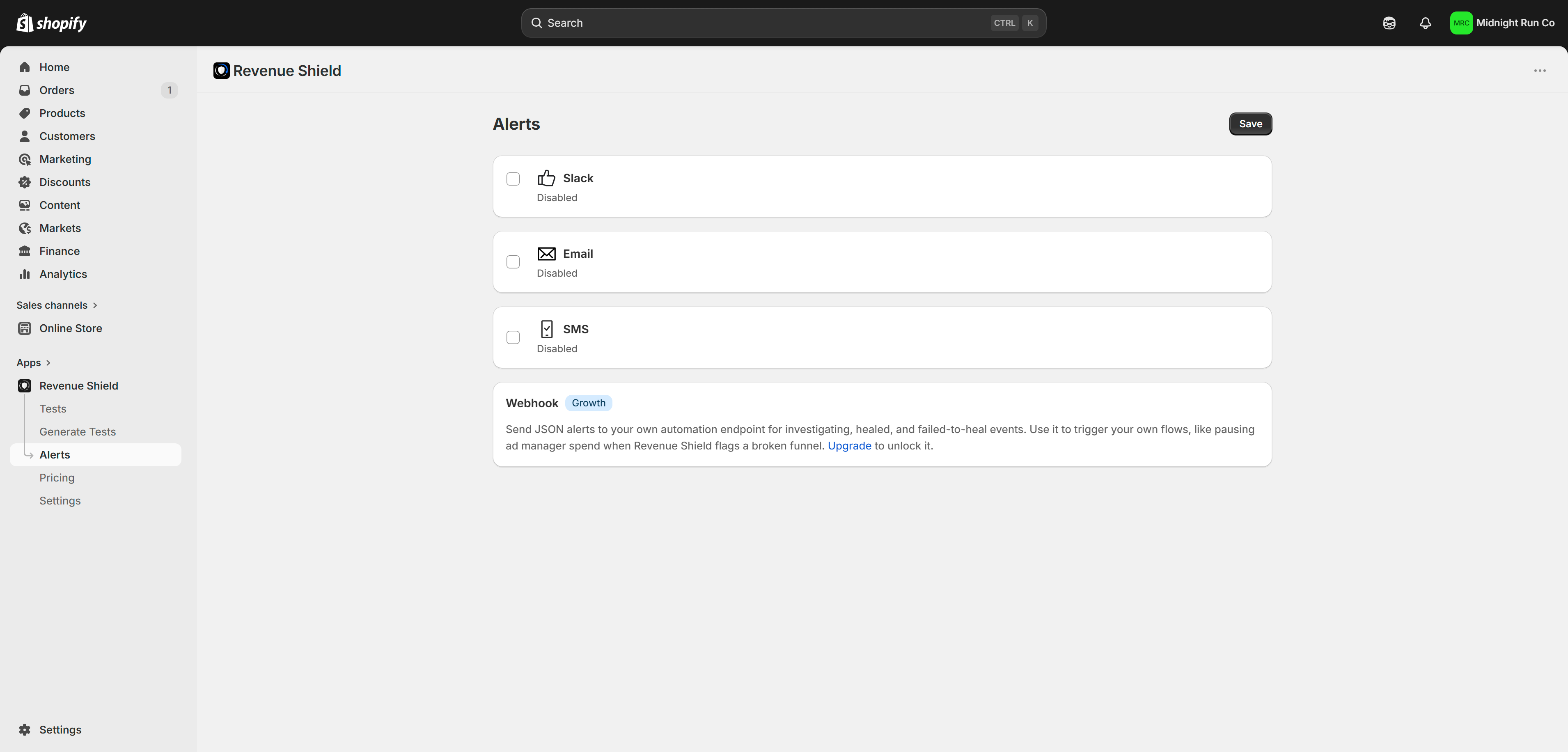 Revenue Shield alerts inbox showing unread checkout failure notifications with severity, store, and broken flow