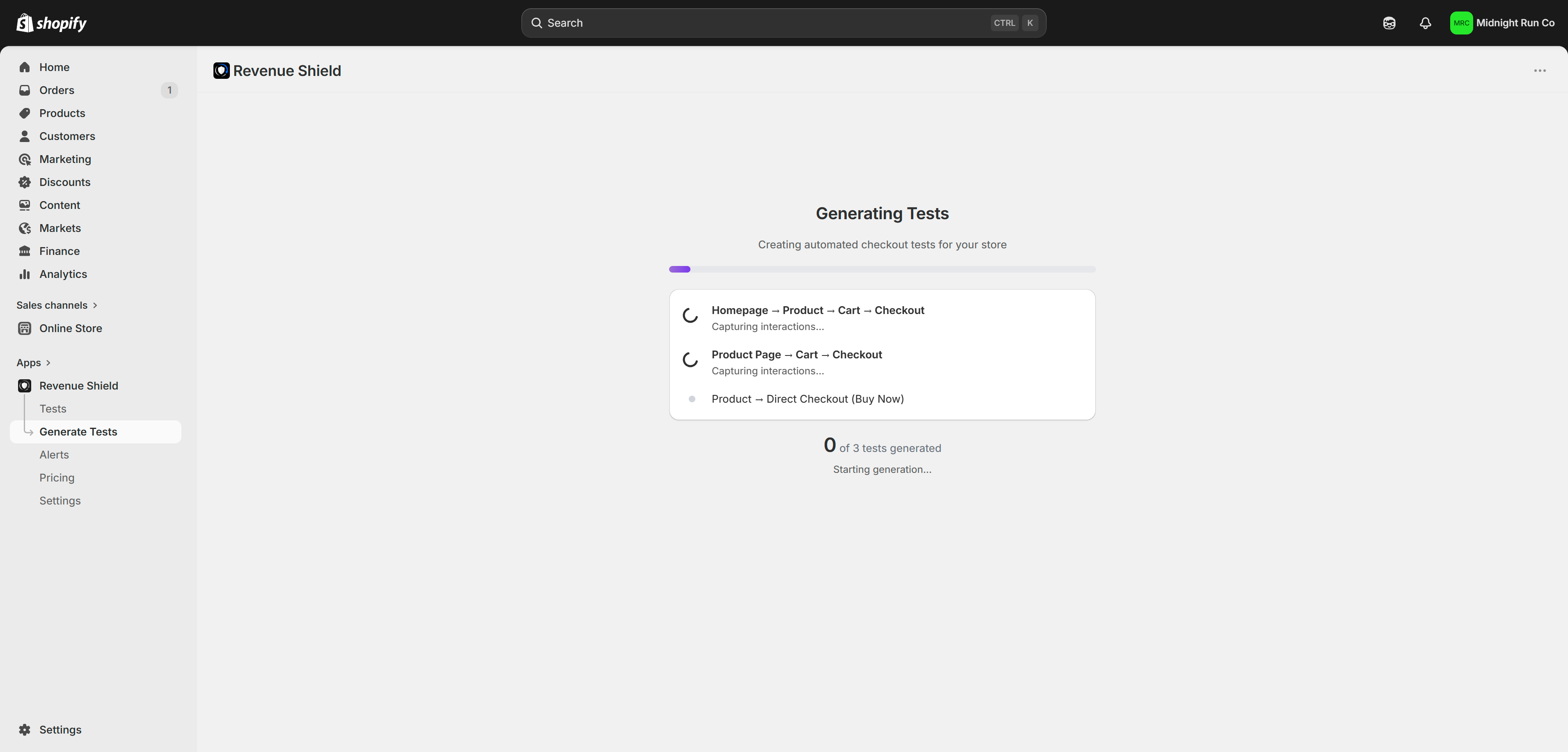 Revenue Shield regenerating checkout flow tests automatically after a Shopify theme update, with a self-heal progress indicator