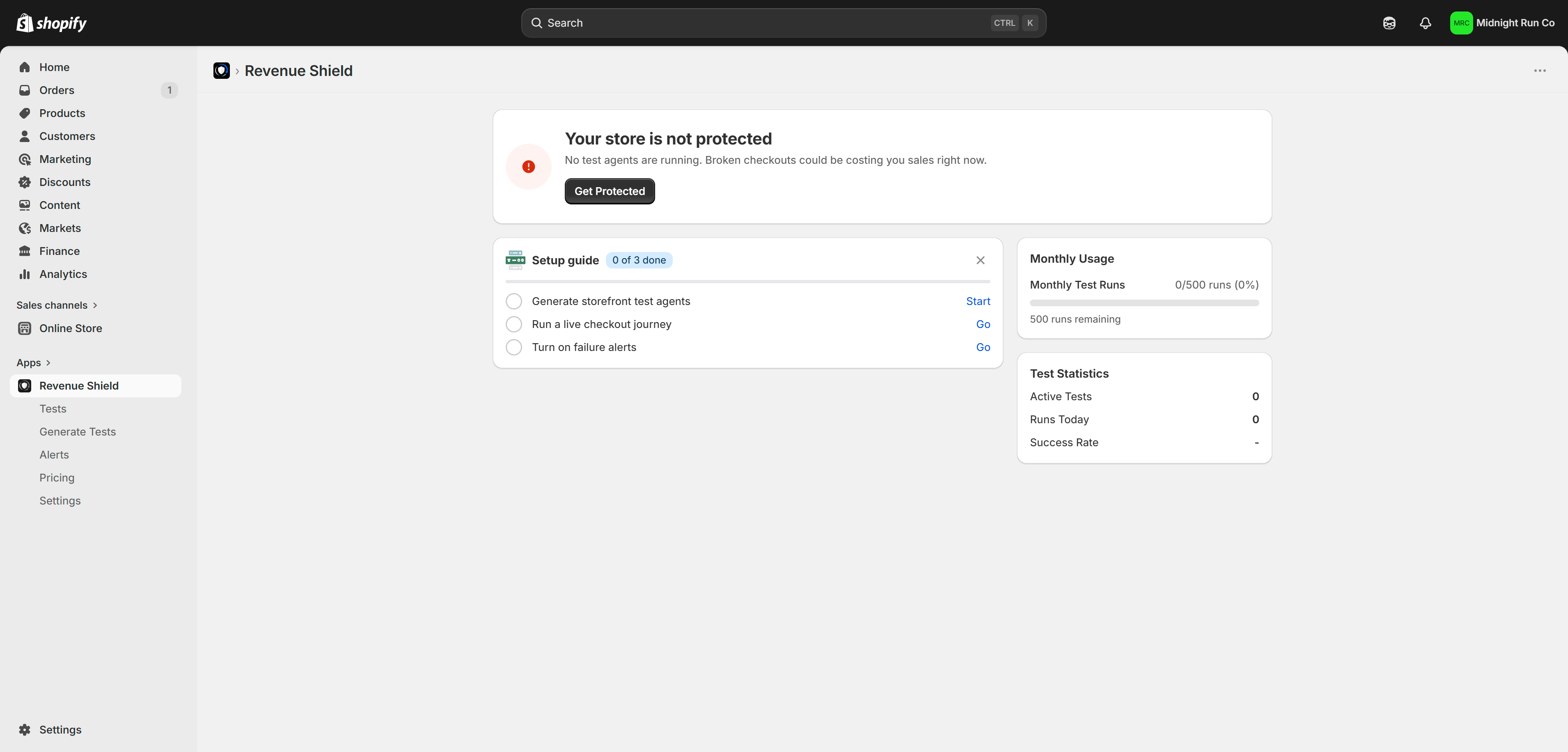 Revenue Shield indexing a Shopify store after install, scanning collections, products, and checkout to discover monitoring targets