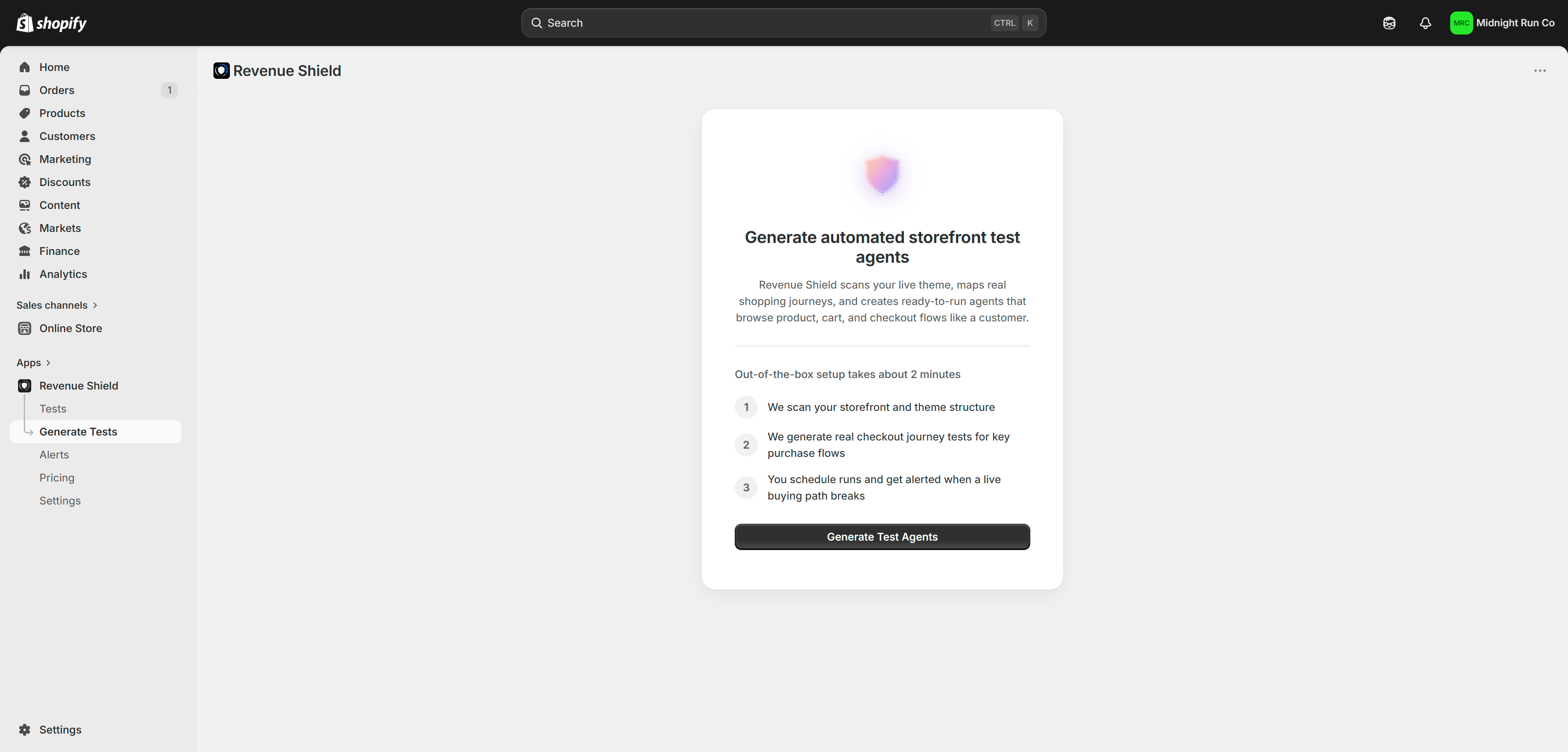 Revenue Shield onboarding panel guiding the merchant through Shopify install, test generation, and alert channel setup
