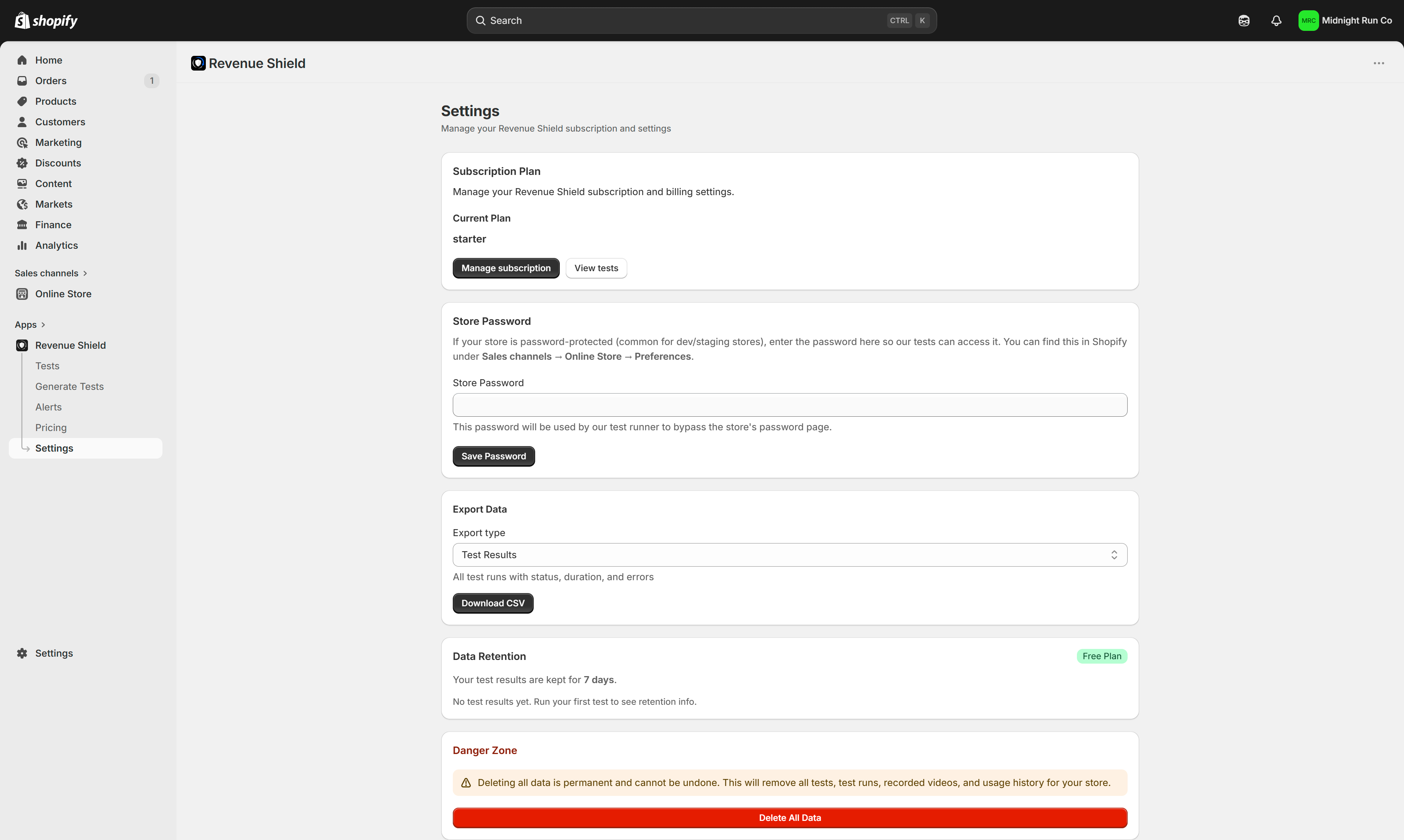 Revenue Shield settings page configuring schedule cadence, alert channels, and Slack and email notifications