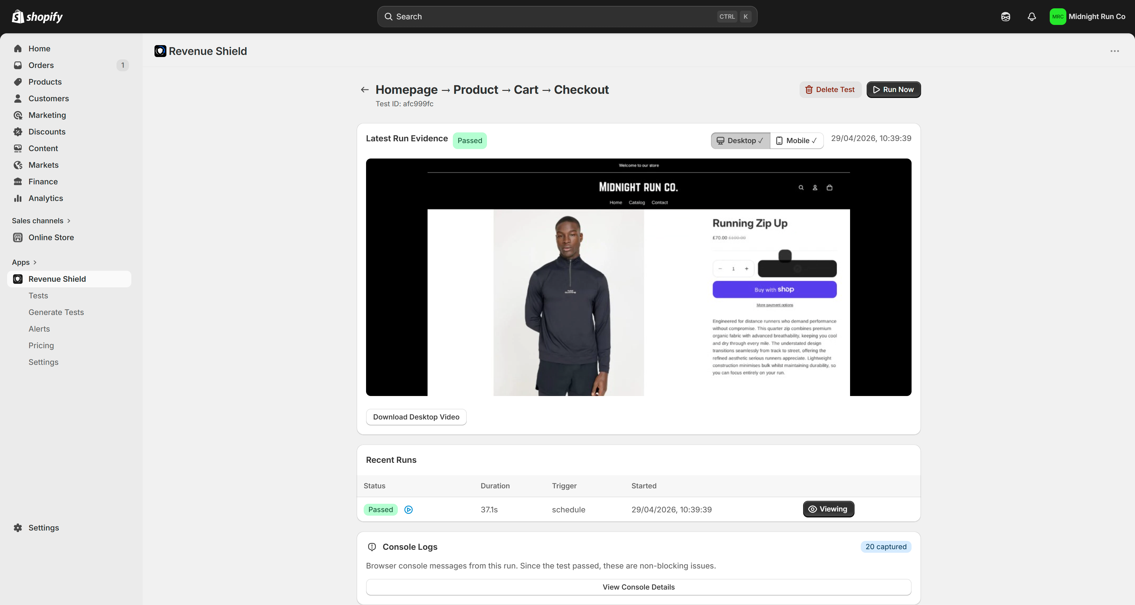 Revenue Shield showing console errors and network traces from a third-party Shopify app after an update changed its storefront script